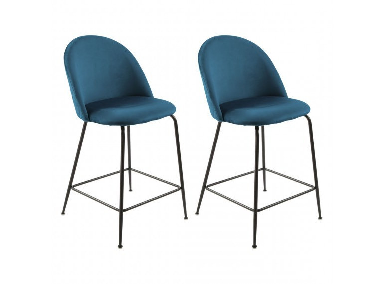 Lot de 2 chaises de bar en velours avec piètement en métal noir - Bleu - vue de face - CLEA
