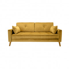 Canapé droit 2,5 places en velours jaune moutarde avec pieds inclinés en bois - vue de face- LEO