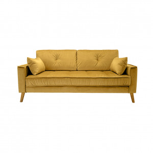 Canapé droit 2,5 places en velours jaune moutarde avec pieds inclinés en bois - vue de face- LEO