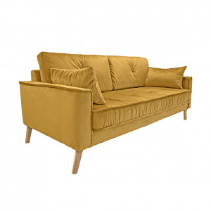 Canapé droit 2,5 places en velours jaune moutarde avec pieds inclinés en bois - vue de profil- LEO