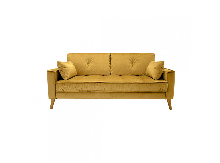 Canapé droit 3 places en velours jaune moutarde avec pieds inclinés en bois - vue de face- LEO