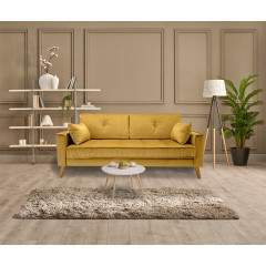 Canapé droit 3 places en velours jaune moutarde avec pieds inclinés en bois - photo d'ambiance - LEO