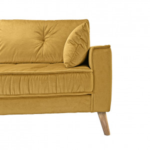 Canapé droit 3 places en velours jaune moutarde avec pieds inclinés en bois - zoom assise canapé - LEO