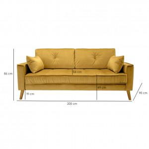 Canapé droit 3 places en velours jaune moutarde avec pieds inclinés en bois - photo avec dimensions - LEO
