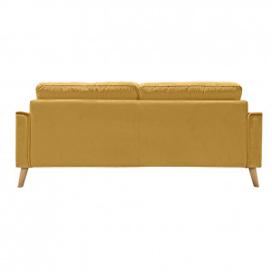 Canapé droit 3 places en velours jaune moutarde avec pieds inclinés en bois - vue arrière du canapé - LEO