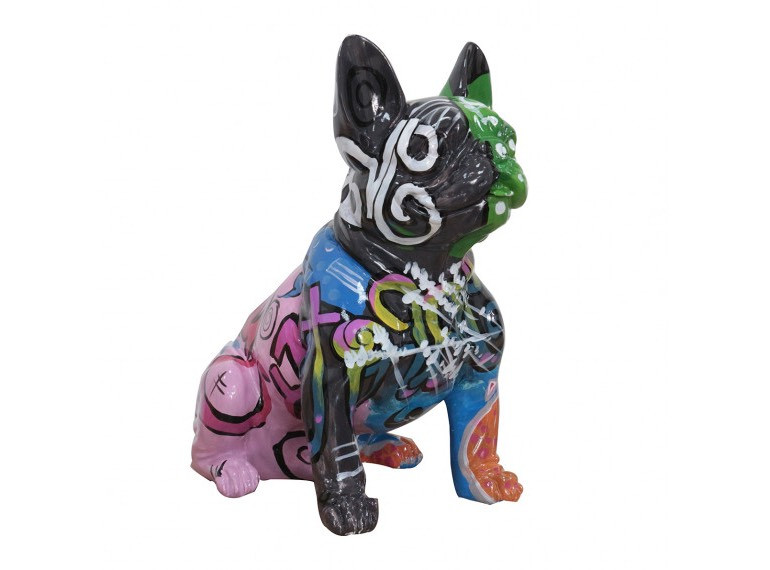 Statue chien bouledogue multicolore assis en résine noire H45cm - TAGY