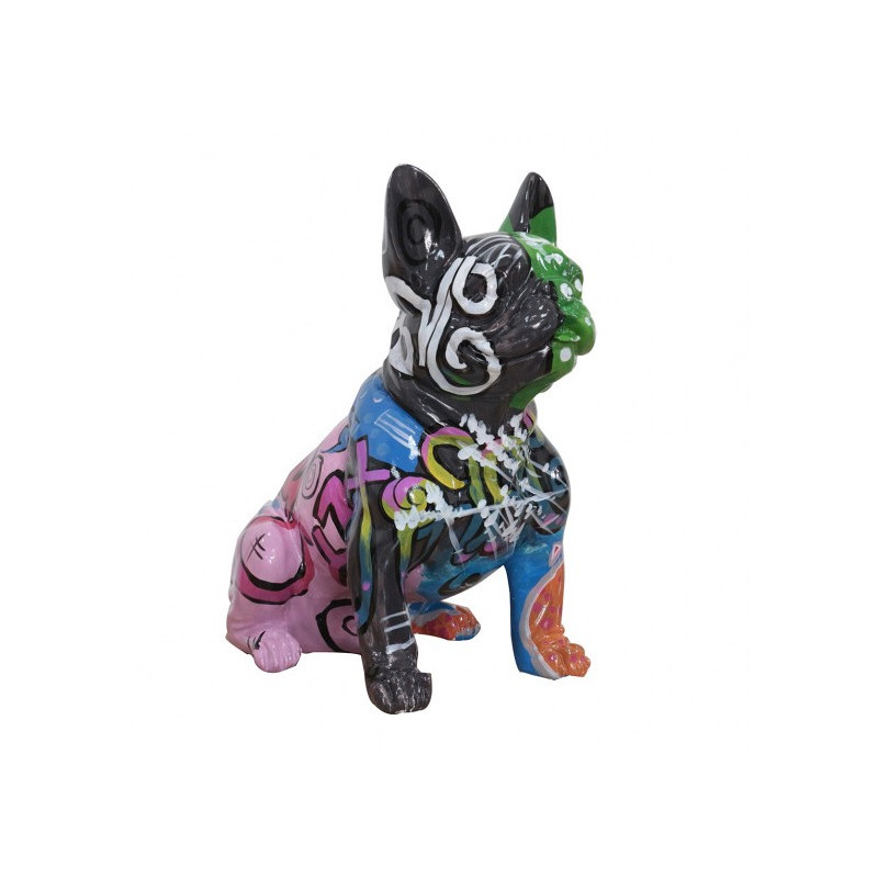 Statue chien bouledogue multicolore assis en résine noire H45cm - TAGY