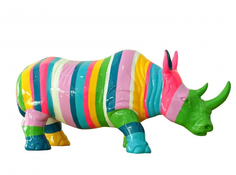 Statue rhinocéros multicolore corne verte L54 cm - NOMBI