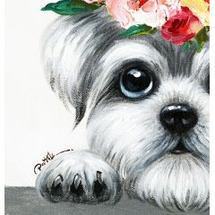 Peinture sur toile cadre décoratif chien couronne fleuri - Zoom - YORKY