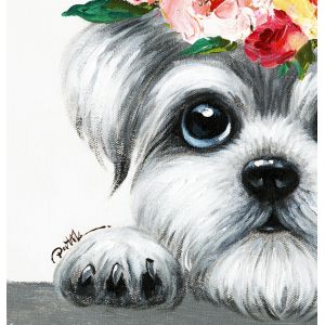 Peinture sur toile cadre décoratif chien couronne fleuri - Zoom - YORKY