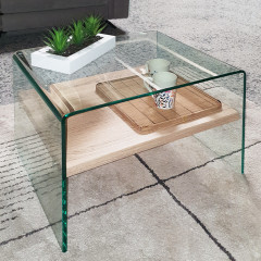 Bout de canapé en verre trempé transparent avec étagère en bois - vue d'ambiance - GLASS