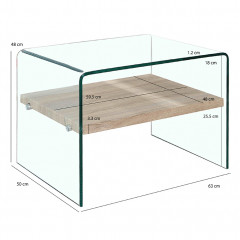 Bout de canapé en verre trempé transparent avec étagère en bois - dimensions - GLASS
