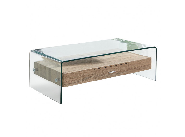 Table basse rectangulaire en verre trempé et caisson avec tiroirs - vue de 3/4 - GLASS