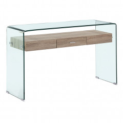 Console en verre trempé et caisson avec tiroirs en bois - vue de 3/4 - GLASS