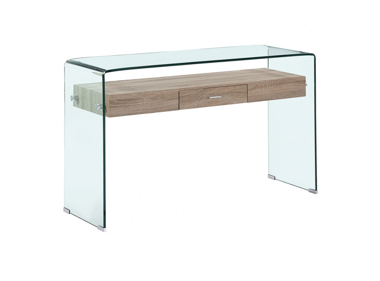 Console en verre trempé et caisson avec tiroirs en bois - vue de 3/4 - GLASS