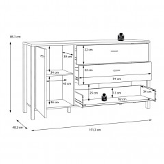 Buffet 3 tiroirs et 1 porte en bois effet chêne - dimensions - MIAMI