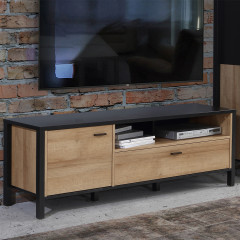Meuble TV avec rangement en bois effet chêne - vue en ambiance - MIAMI
