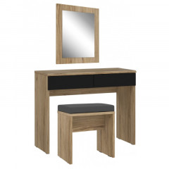 Ensemble coiffeuse en bois foncé avec miroir, table et banc - vue de 3/4 - DAVID