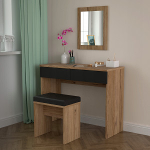 Ensemble coiffeuse en bois foncé avec miroir, table et banc - vue en ambiance - DAVID