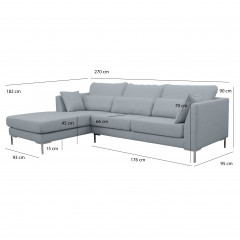 Canapé d'angle gauche en tissu chiné gris avec piètements fins en métal chromé - dimensions - FANNY