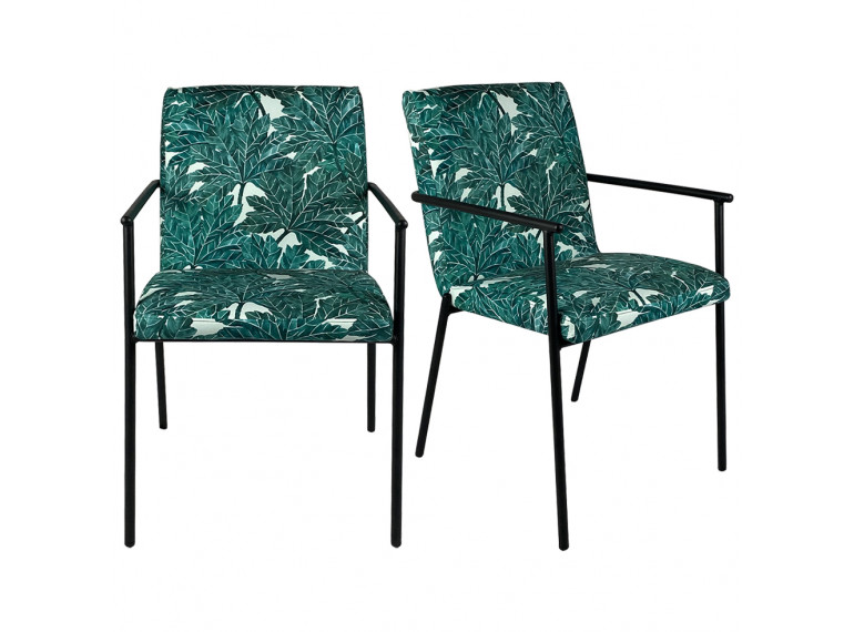 Lot de 2 chaises avec accoudoirs motif feuilles d'arbre et pieds noirs -  JASPE 708