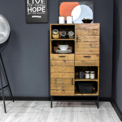 Armoirette avec niches, tiroirs et portes en bois de pin et métal noir - vue en ambiance 2 - INDUS