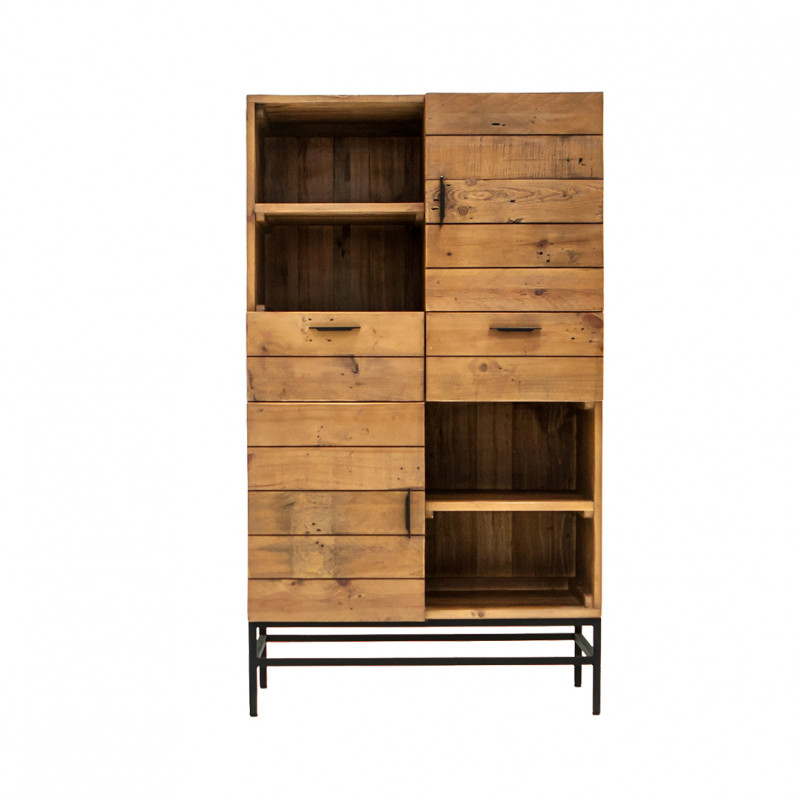 Armoirette avec niches, tiroirs et portes en bois de pin et métal noir - vue de face - INDUS