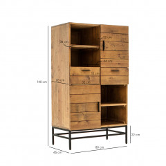 Armoirette avec niches, tiroirs et portes en bois de pin et métal noir - vue en ambiance - dimensions 2 - INDUS