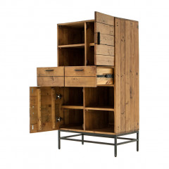 Armoirette avec niches, tiroirs et portes en bois de pin et métal noir - vue rangements ouverts - INDUS