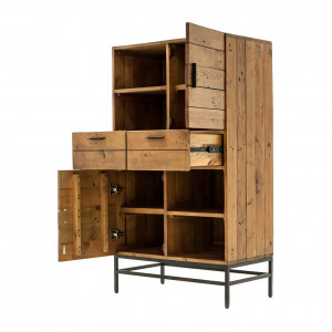 Armoirette avec niches, tiroirs et portes en bois de pin et métal noir - vue rangements ouverts - INDUS