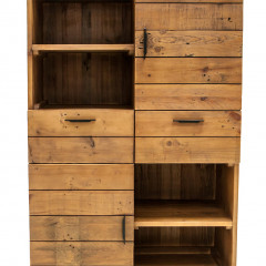 Armoirette avec niches, tiroirs et portes en bois de pin et métal noir - zoom - INDUS