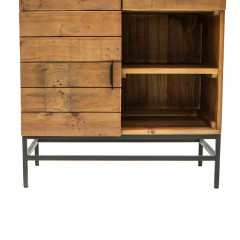 Armoirette avec niches, tiroirs et portes en bois de pin et métal noir - zoom - INDUS