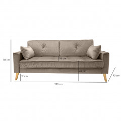 Canapé droit 3 places en velours avec 2 coussins - coloris taupe - dimensions - LEO