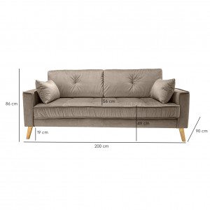 Canapé droit 3 places en velours avec 2 coussins - coloris taupe - dimensions - LEO
