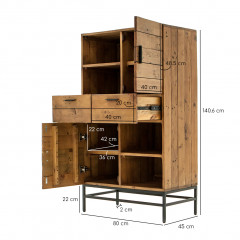 Armoirette avec niches, tiroirs et portes en bois de pin et métal noir - dimensions - INDUS