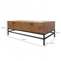 Table basse en bois de pin et métal noir 4 tiroirs - INDUS