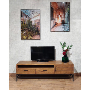 Meuble TV en bois de pin et métal noir L160 cm - vue en ambiance 1 - INDUS