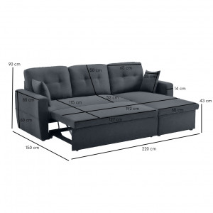 Canapé d'angle convertible en tissu gris avec coffre - dimensions - LEO