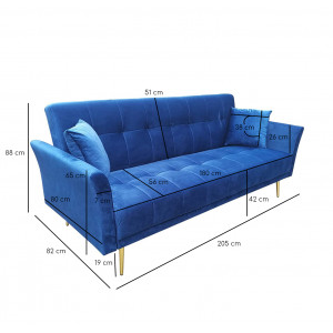 Canapé droit convertible en velours bleu - dimensions - NOE