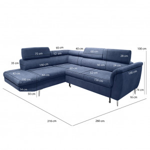 Canapé d'angle gauche convertible en tissu - coloris bleu - dimensions - KENT