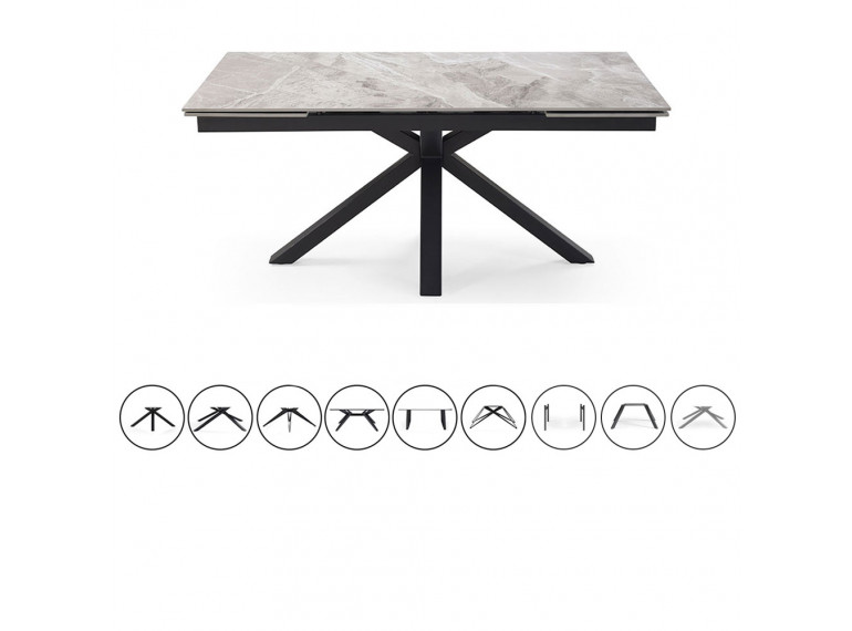 Table extensible en céramique gris brillant L160/240cm - Pieds n°7 : Type croix pleine - UNIK