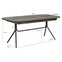 Table de repas extensible L180/220 cm en bois massif cendré et métal noir - dimensions - BELLAGIO