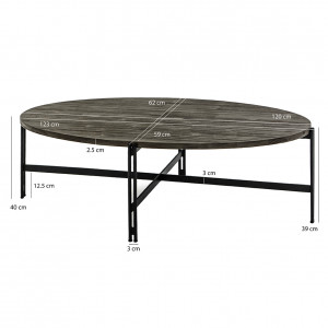Table basse ovale en bois massif cendré et métal noir - dimensions - BELLAGIO