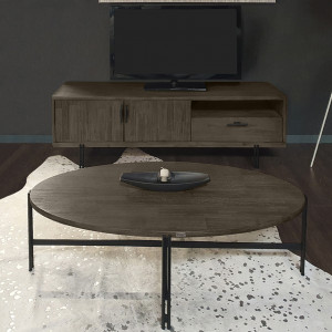 Meuble TV avec rangements en bois massif cendré et métal noir - vue en ambiance - BELLAGIO