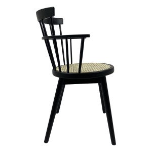 Chaise en bois noir et cannage avec accoudoirs - vue de côté - FOGGIA 106