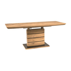 Table de repas extensible 140/180 cm pied centrale effet bois rustique - vue de 3/4 rallonge dépliée - LEONAR