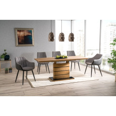 Table de repas extensible 140/180 cm pied centrale effet bois rustique - photo ambiance - LEONAR