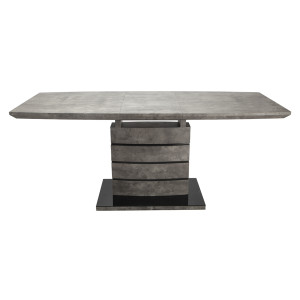 Table de repas extensible 140/180 cm pied centrale effet gris béton - vue de face rallonge dépliée - LEONAR