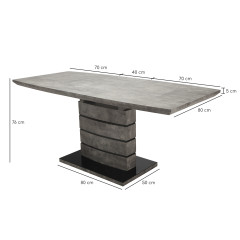 Table de repas extensible 140/180 cm pied centrale effet gris béton - vue dimensions - LEONAR