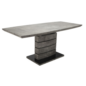 Table de repas extensible 140/180 cm pied centrale effet gris béton - vue de 3/4 rallonge dépliée - LEONAR